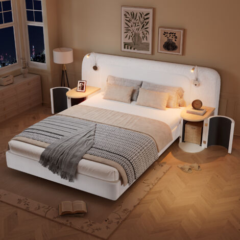 Upholstered Double Bed with Built-In Nightstands & Reading Lights, 4ft6 (135x190cm), Velvet & Plywood, Beige