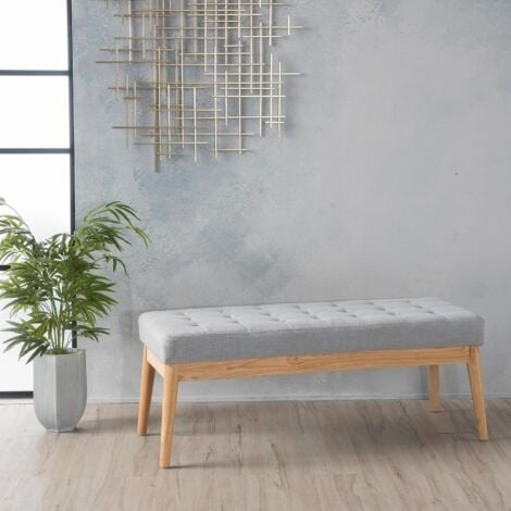 FWSTYLE Upholstered Light Grey Bench Seat Padded Buttoned Oak Frame Furniture