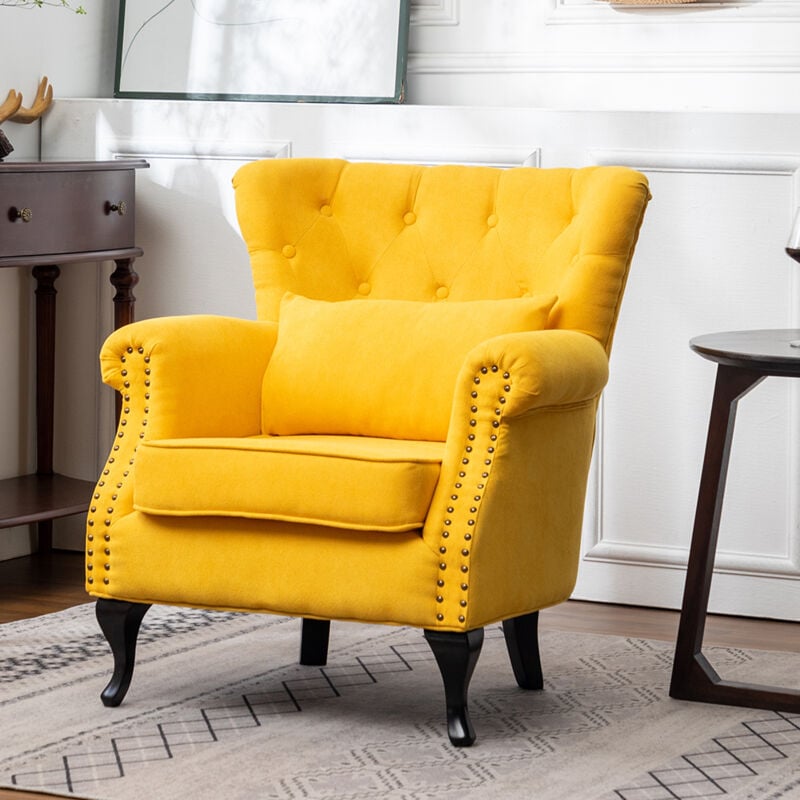 Upholstered Nail Head Modern Buttoned Armchair with Lumbar Pillow and Cushion