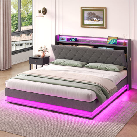 Upholstered Storage Bed with LED Headboard & Charging Station - Hydraulic Lift, USB/Type-C Ports, Concealed Storage, Grey Linen Fabric, No Mattress Included, 5ft King
