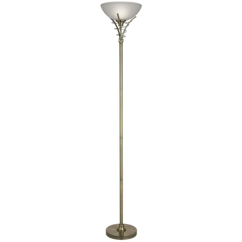 Linea - 1 Light Floor Lamp Uplighter Antique Brass and Opal Glass, E27 - Searchlight