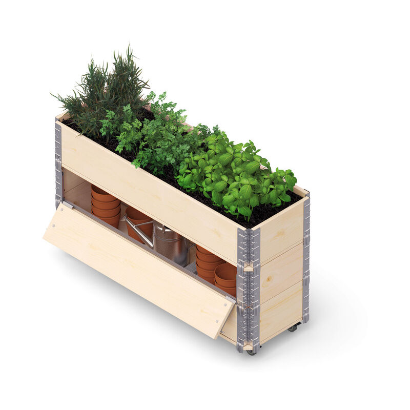 HerbsBox Advanced - bac à herbes avec roulettes et rangement, 120x40 cm, bois naturel - Upyard