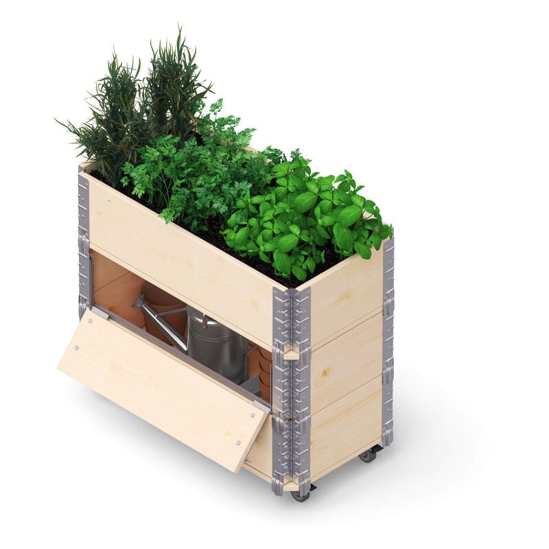 HerbsBox Advanced - bac à herbes avec roulettes et rangement, 80x40 cm, bois naturel - Upyard