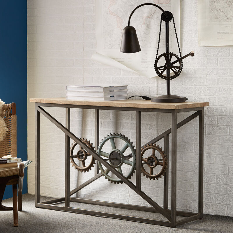 Verty Furniture - Urban Industrial Console Table with Wheels - Medium Wood