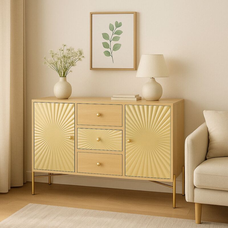 Buffet dessin forme de soleil brillant 2 portes avec 3 tiroirs poignets et pieds dorés 123,5x35x80cm Raqner - Urban Meuble