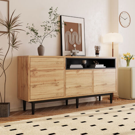 URBAN MEUBLE Buffet moderne en bois avec 3 portes 1 niche et étagères 160x35x76cm OMHAT