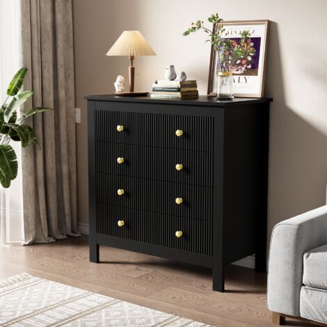 URBAN MEUBLE Buffet noir élégante façades texturées 5 tiroirs poignées dorées 79x39.5x80cm