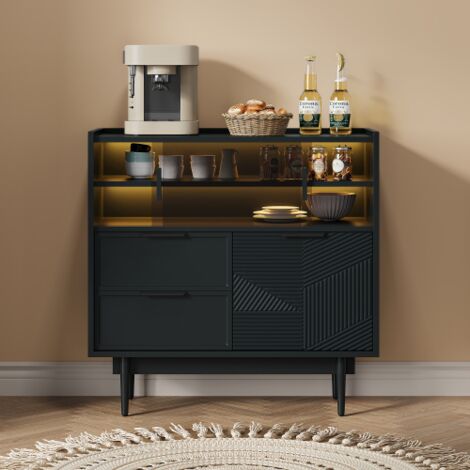 URBAN MEUBLE Buffet noir motifs géométriques avec éclairage LED 80x35x80cm