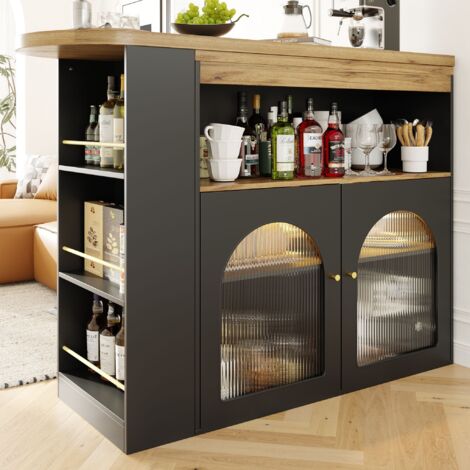 URBAN MEUBLE Buffet rétractable rotatif noir au design de luxe léger avec espace de rangement et bande lumineuse LED de couleur réglable