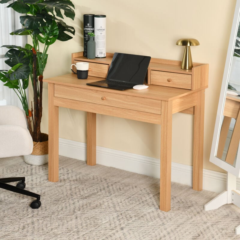 Bureau scandinave bois nature avec tiroirs et rangement avec strcture en bois 100x50x90cm - Urban Meuble