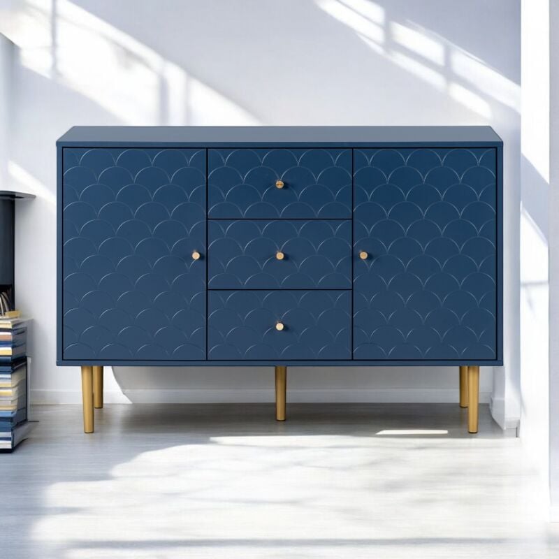 Armoire de rangement de bureau bleu marine avec 2 portes et 3 tiroirs 120x40x82cm - Urban Meuble