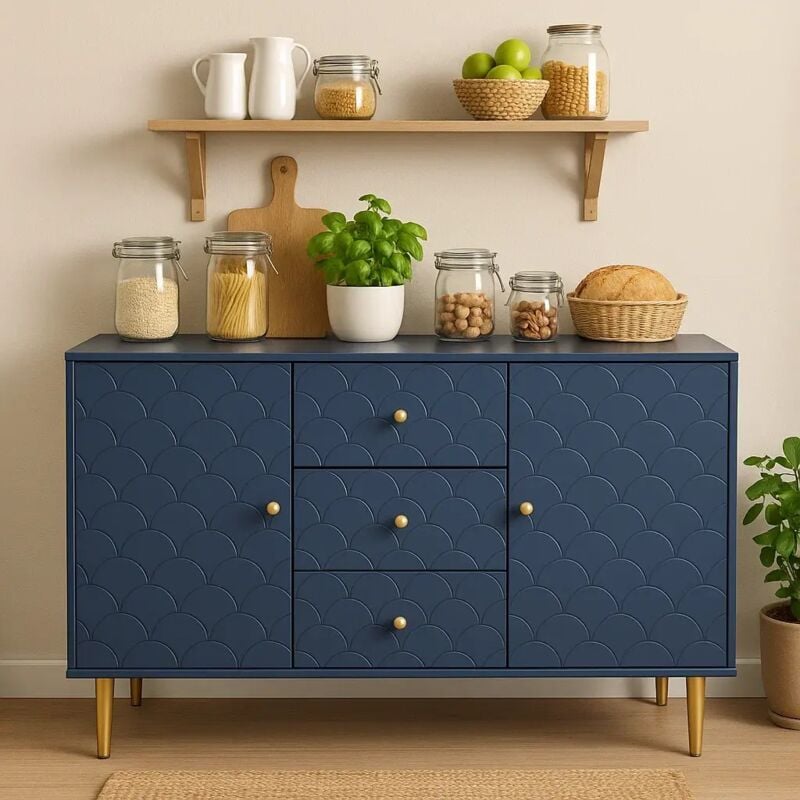 Urban Meuble - Armoires de cuisine bleu marine avec 2 portes et 3 tiroirs 120x40x82cm