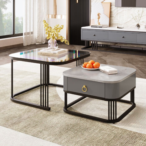 URBAN MEUBLE Ensemble de 2 tables basses gigognes carrées verre trempé et effet marbre avec tiroir 60x60x42cm