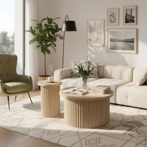Urban Meuble – Ensemble de 2 tables basses gigognes rondes en MDF – Effet grain de bois clair – Dimensions 68.7x68.7x40.6cm et 40.1x40.1x51.7cm