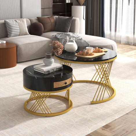 URBAN MEUBLE Ensemble de 2 tables basses gigognes rondes effet marbre noir et rotin 70x70x45.5cm