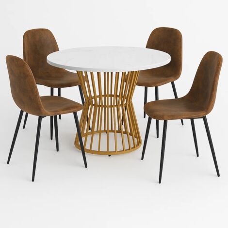 URBAN MEUBLE Ensemble de salle à manger élégant avec table ronde effet marbre blanc et chaises en faux daim – AIZU+CHARLTON SUEDE BROWN
