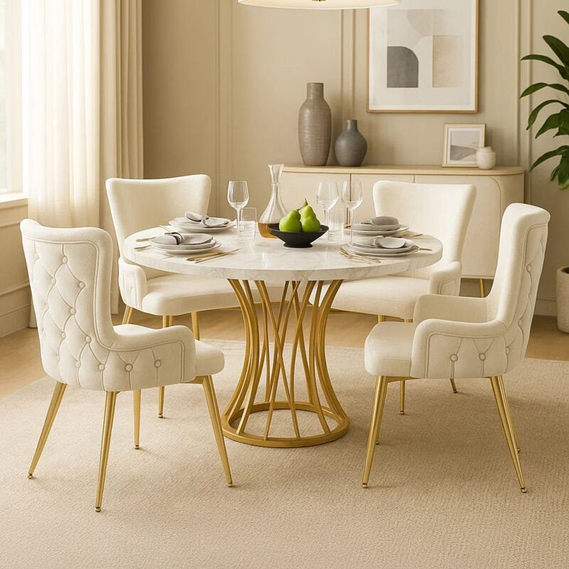 Urban Meuble – Ensemble salle à manger scandinave 4 chaises – Table effet marbre blanc 80x80cm – Chaises rembourrées velours beige – Structure métal