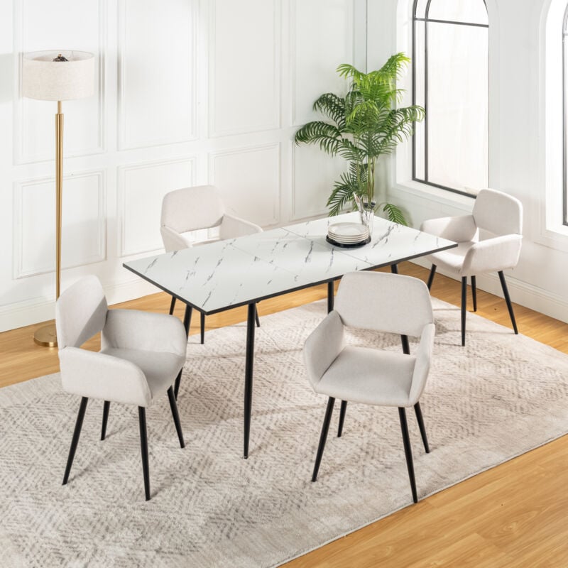 Ensemble table à manger extensible effet marbre blanc (120-160cm) et 4 fauteuils en tissu beige - Urban Meuble