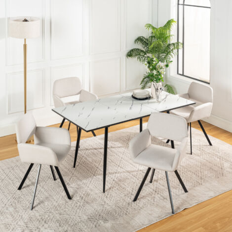 Urban Meuble – Ensemble table à manger extensible 120-160cm effet marbre blanc – 4 fauteuils pivotants en tissu beige – Pour 4 à 6 personnes