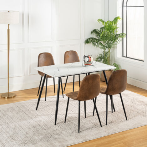 URBAN MEUBLE Ensemble table blanche effet marbre 120cm et 4 chaises scandinaves rétros marrons