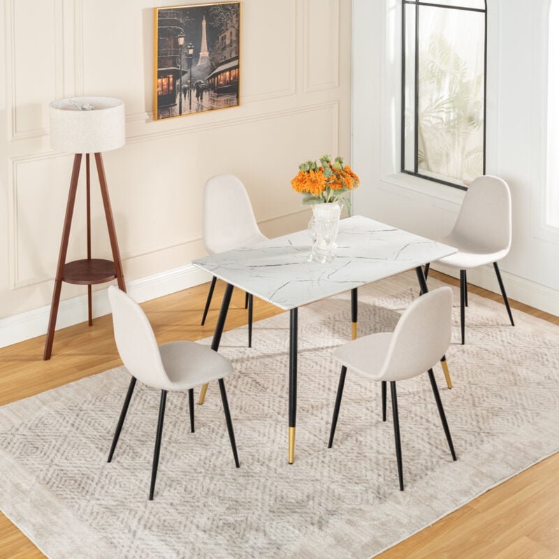Ensemble table blanche effet marbre et 4 chaises scandinaves blanches cassées - Urban Meuble