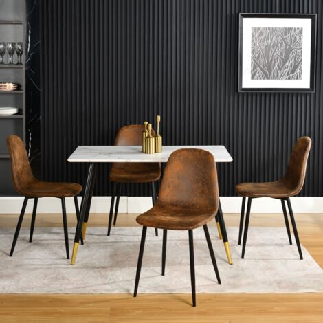 Urban Meuble – Ensemble table blanche effet marbre 110x70x75 cm et 4 chaises scandinaves – Pieds métal noir et doré – Conception ergonomique et confortable