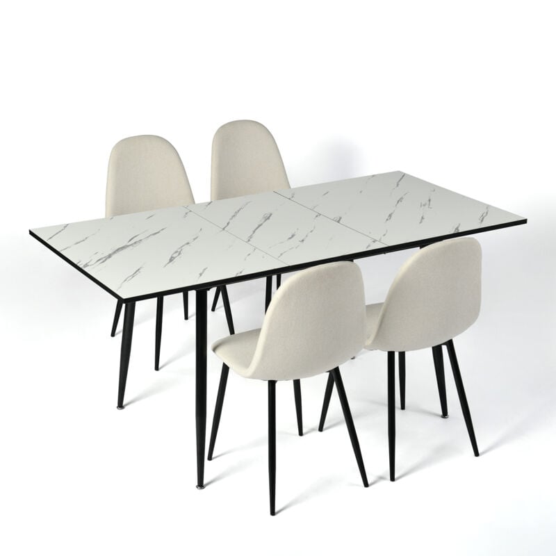 Ensemble table extensible 120-160 effet marbre blanc et 4 chaises style scandinaves blanches cassées - Urban Meuble