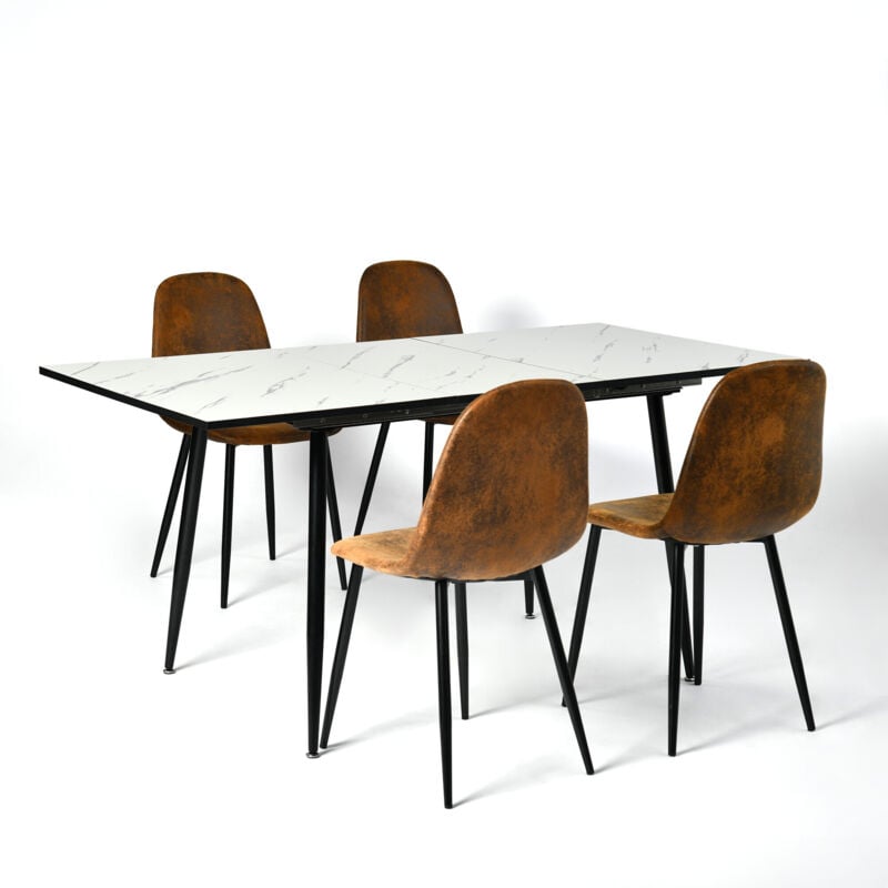 Ensemble table extensible effet marbre blanc 120-160 et 4 chaises style scandinave retro - Urban Meuble