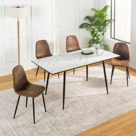 URBAN MEUBLE Ensemble table extensible effet marbre blanc 120-160 et 4 chaises style scandinave retro