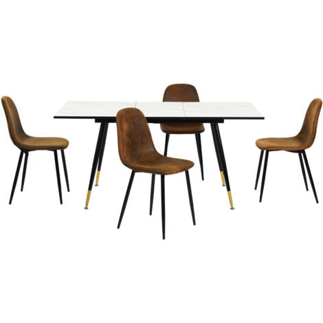 Urban Meuble – Ensemble table extensible 120-160cm effet marbre blanc – 4 chaises scandinaves en tissu microfibre – Pieds métal noir pour stabilité
