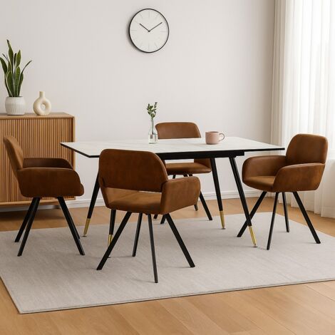 URBAN MEUBLE Ensemble table extensible effet marbre blanche 120-160cm et 4 chaises pivotantes suèdes marrons