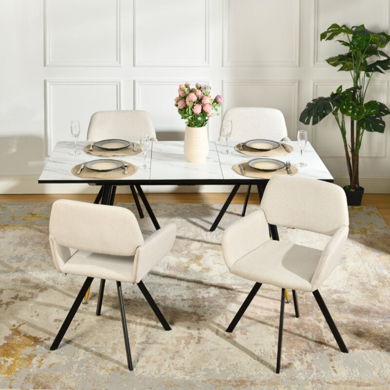 Ensemble table extensible effet marbre blanche 120-160cm et 4 chaises pivotantes tissu beige - Urban Meuble