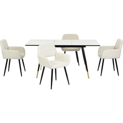 URBAN MEUBLE Ensemble table extensible effet marbre blanche 120-160cm et 4 chaises tissu beige