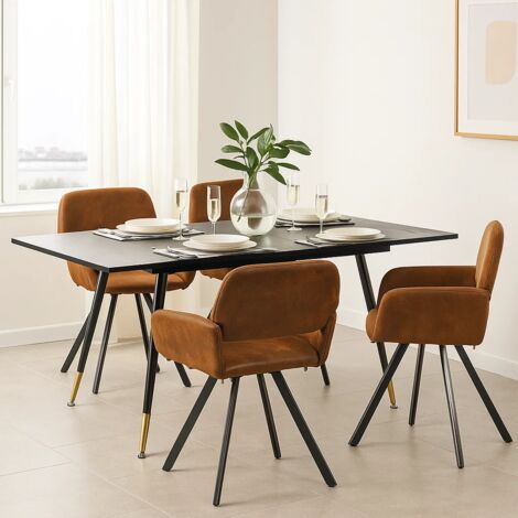 URBAN MEUBLE Ensemble table extensible noir effet bois 120-160cm et 4 chaises pivotantes tissu suède marron