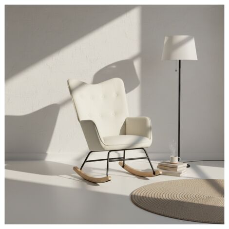 Urban Meuble – Fauteuil à bascule scandinave en velours beige – Dossier haut et accoudoirs – Pieds en bois clair – Confort optimal pour détente