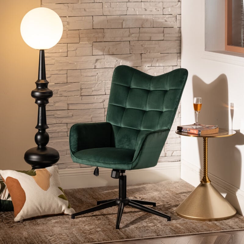 Fauteuil de bureau scandinave avec accoudoirs, 360°, en velours vert - Urban Meuble