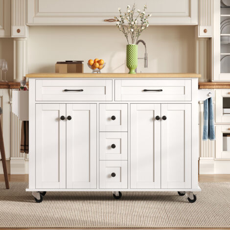 URBAN MEUBLE Îlot de cuisine mobile blanc avec plateau en bois extensible et rangement 89x65x140cm