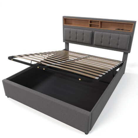 URBAN MEUBLE Lit offre queen tissu gris avec port USB C et rangement 160200cm (matelas non inclus)