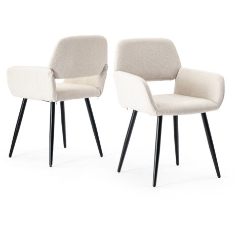 URBAN MEUBLE Lot de 2 chaises de bureau élégantes en tissu blanc cassé, pieds en métal noir