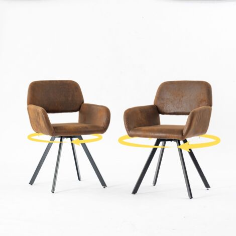 URBAN MEUBLE Lot de 2 chaises de bureau vintage en daim marron rétro, pieds en métal, rotation à 360°