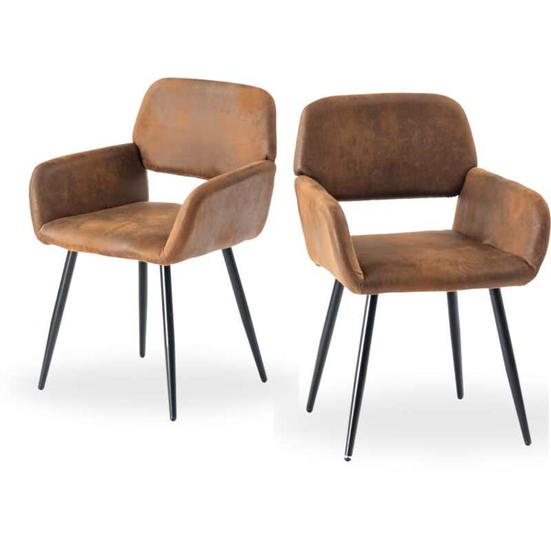 Lot de 2 chaises de salle à manger style industriel tissu marron rétro pieds noirs - Urban Meuble