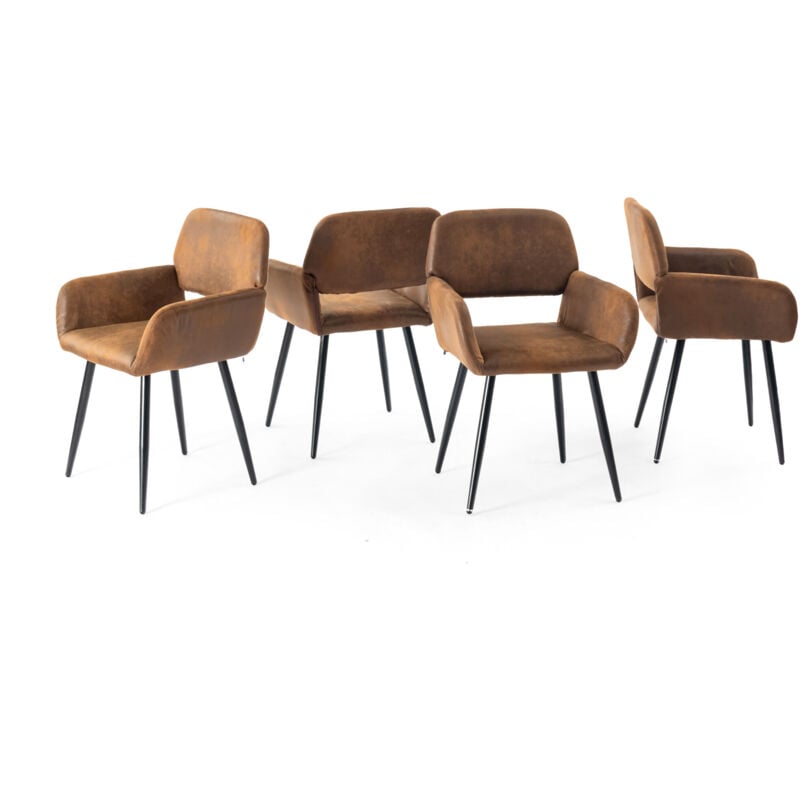 Urban Meuble - Lot de 4 chaises de salle à manger style industriel tissu marron rétro pieds noirs