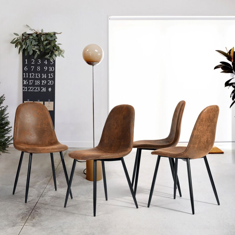 Urban Meuble - Lot de 4 chaises de bureau, chaise marron vintage scandinave, pieds en métal noir