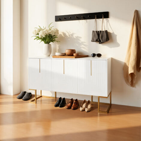URBAN MEUBLE Meuble à chaussures haut blanc 3 portes avec motif en U et pieds dorés 138x40x80,5cm