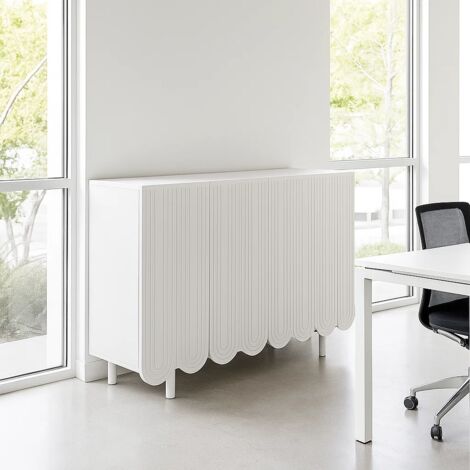 URBAN MEUBLE Meuble de rangement de bureau blanc 4 portes avec motif sculpté 120×37.5×80.8 cm