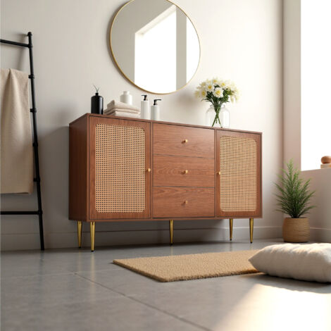 Urban Meuble – Armoire murale de salle de bain effet bois noyer – 2 portes – 3 tiroirs en rotin – Pieds et poignées dorées – Dimensions 150x90x40cm