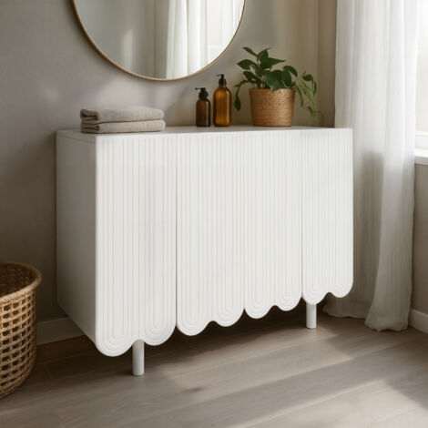 URBAN MEUBLE Rangement de salle de bain blanc 4 portes avec motif sculpté 120×37.5×80.8 cm