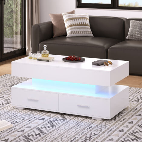 URBAN MEUBLE Table basse blanche plateau relevable à hauteur réglable 2 tiroirs et espace de rangement ouvert avec éclairage LED 100x50x44cm