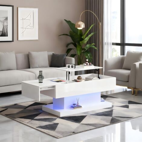 URBAN MEUBLE Table basse blanche relevable avec éclairage LED et 1 tiroir 100x50x45cm