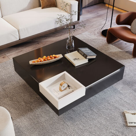 URBAN MEUBLE Table basse carrée noir blanc bicolore éclairage LED avec boîte de rangement amovible 72x72x30cm